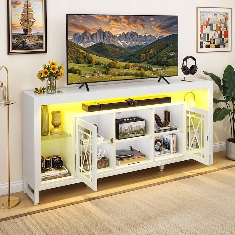 13.8" LED TV Stand for 75" TVs with Acrylic Doors White - 65 inches in width