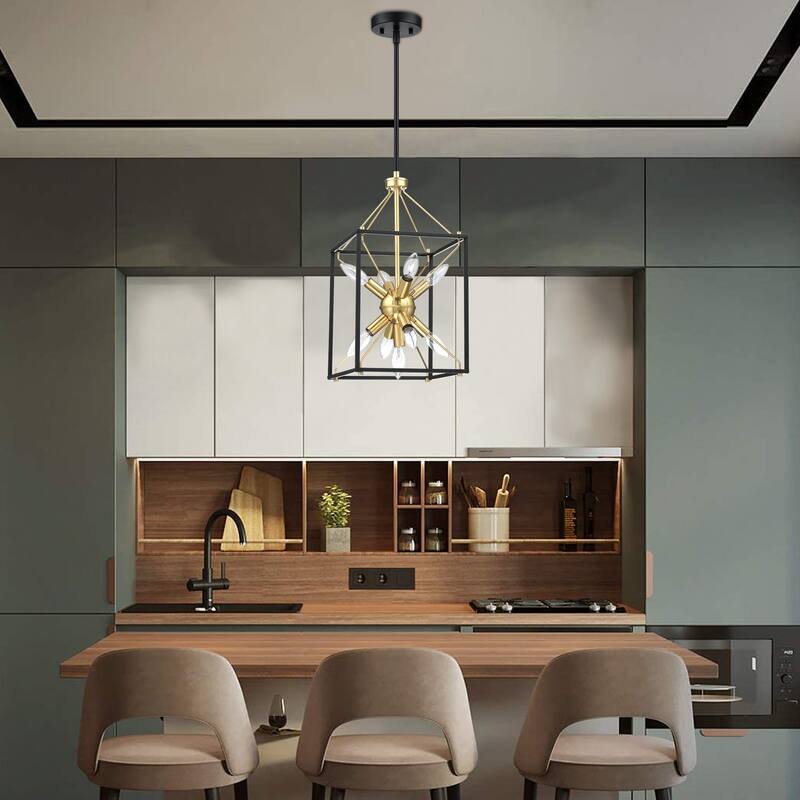 10 in. 9-Light Modern Rectangle Lantern Pendant Light with Matte Black finish and Gold Accents