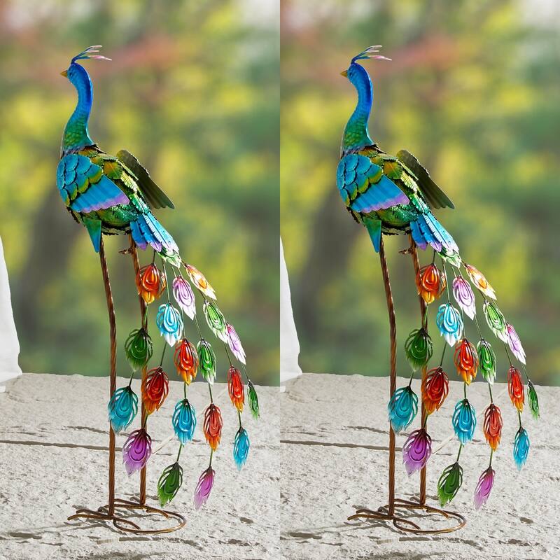 Glitzhome Metal Standing Peacock Garden Statue with Stakes for Indoor Outdoor - Set of 2-Standing