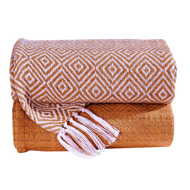 Luxurious 100-percent Cotton All Season Soft Throw Blanket (Set of 2) - ORANGE