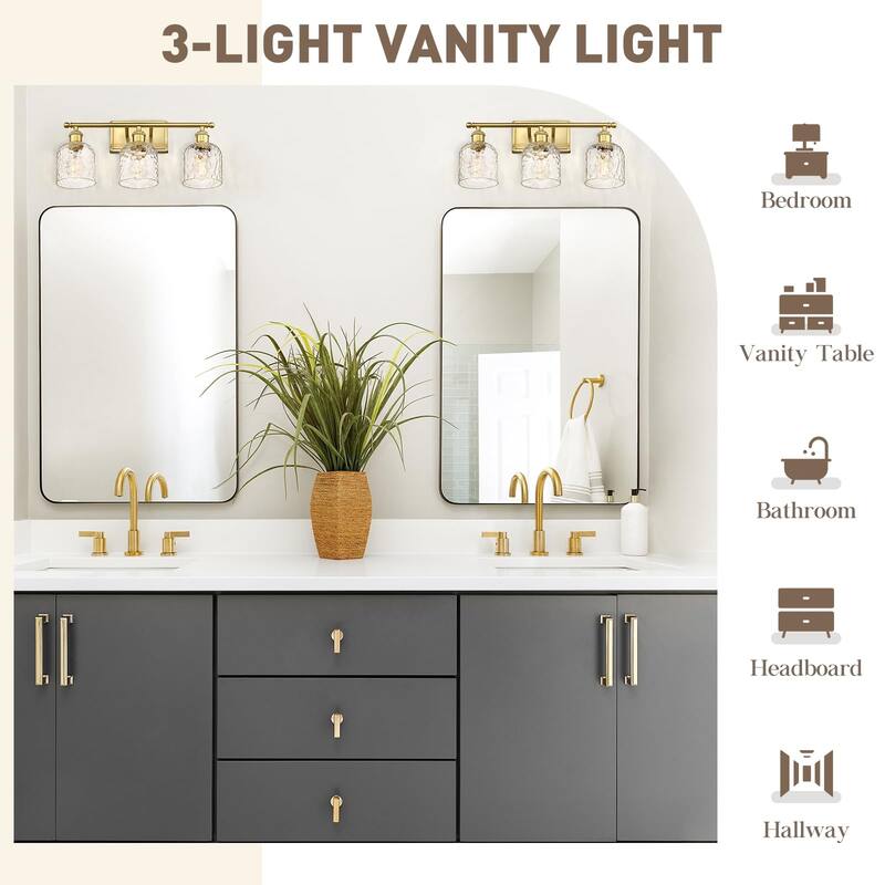 Bathroom Lighting with Clear Hammered Glass, Brushed Gold Finish