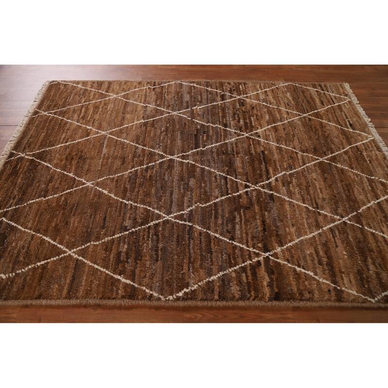 Hand Knotted Oriental 100% Wool Carpet Modern Trellis Brown Moroccan Area Rug - 6' 8'' X 5' 1''