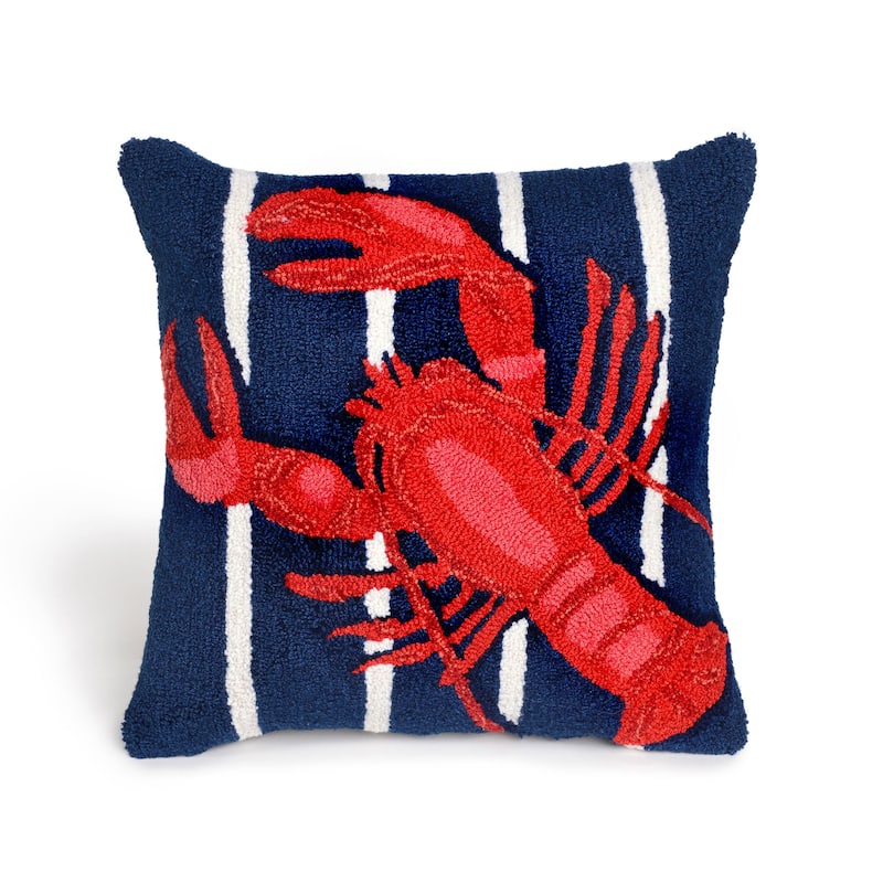 Liora Manne Frontporch Lobster On Stripes Indoor/Outdoor Pillow Navy 18" Square