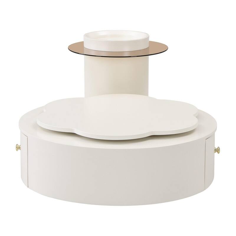Modern Round Coffee Table Set of 2 with Rotatable Floral Top and Two Functional Drawers for Living Room