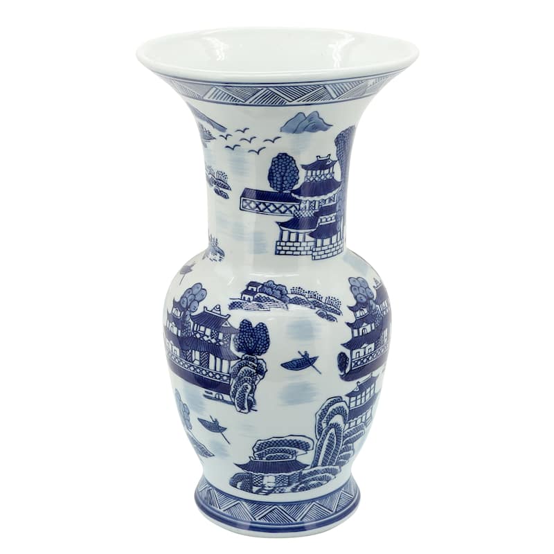 Sagebrook Home Ceramic Vase Contemporary Blue and White Chinoiserie Temple Design Floral Vase