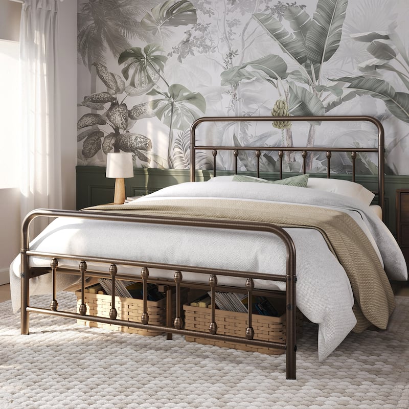 Yaheetech Classic Iron Platform Bed with High Headboard and Footboard Strong Metal-Framed Bed - Bronze - Full