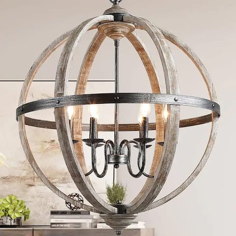 Ophon Farmhouse Distressed Wood Globe Chandelier Hanging Light for Dining Room