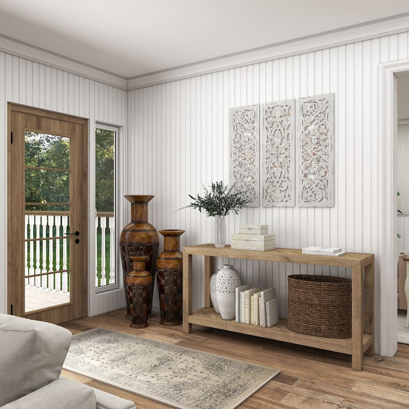 White Wooden Handmade Intricately Carved Floral Home Wall Decor (Set of 3)