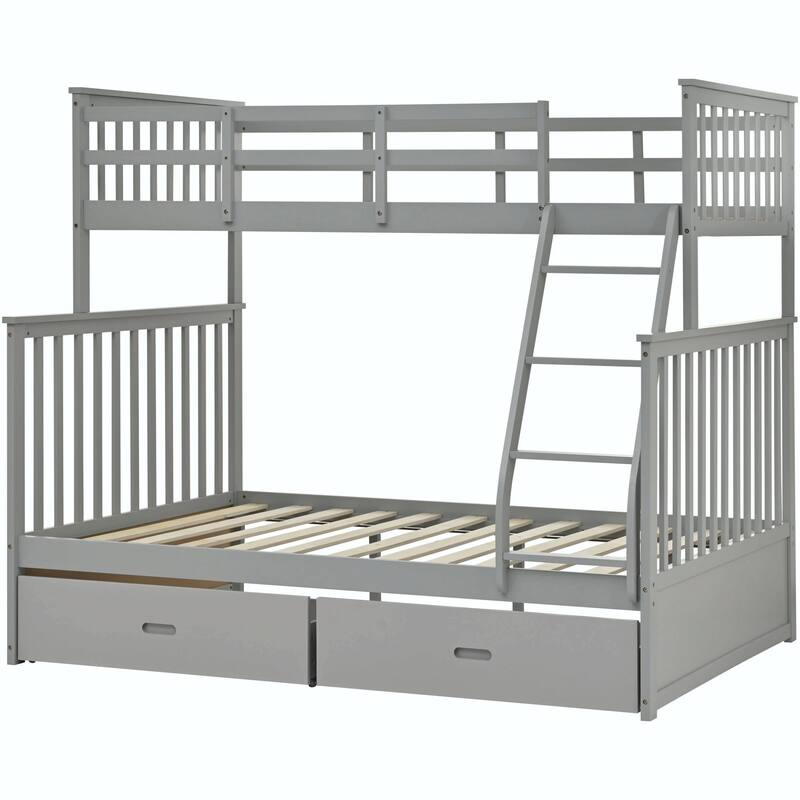 Twin Over Full Bunk Bed with Storage Drawers, Wooden Bunk Bed with Ladder and Safety Guard Rails