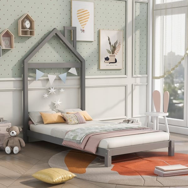slide 2 of 72, Modern Kids Bed Wooden Platform Bed Frame with House-shaped Headboard Gray - Twin
