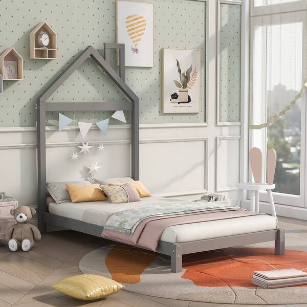 slide 2 of 11, Twin Size Wood Platform Bed with House-shaped Headboard ,Sturdy Pine Construction, Fun Design with Chimney Grey