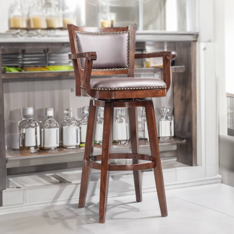 Nailhead Trim Faux Leather Upholstered Barstool with Wooden Arms, Dark Brown