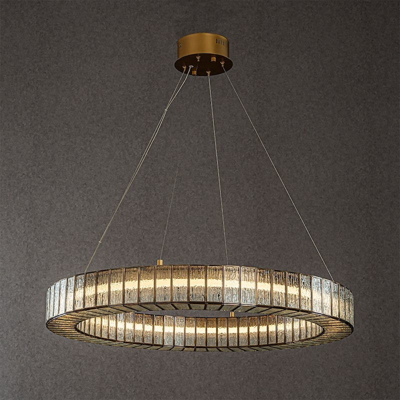 CraftHome 34'' Modern Halo Round Textured Glass Integrated Led Chandelier Brass Empire Led Ceiling Light For Dining Room - W34'' - W34'' - Painted Brass