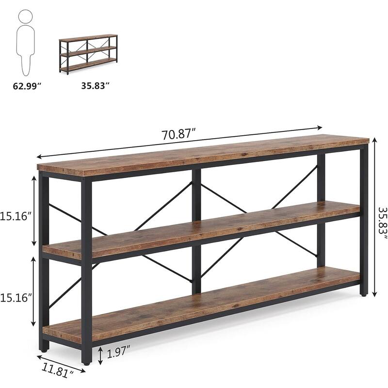 Brown MDF Extra-Long Sofa Table with 3 Open Shelves and Metal Legs - 70.87” L x 11.81 W x 35.83 H