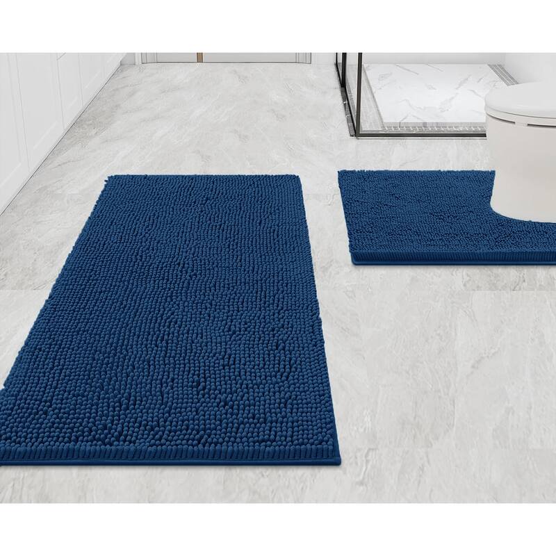 2 Piece Set Blue Soft Cozy Plush Chenille Bath Mat Bathroom Rug