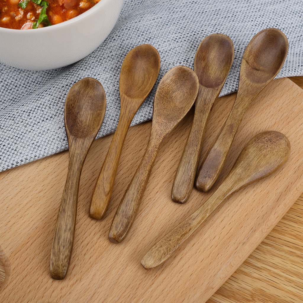 Wooden Spoons 6 Pcs Natural Grain Soup Spoon Salt Sugar Dinner Spoons 4.7" Brown