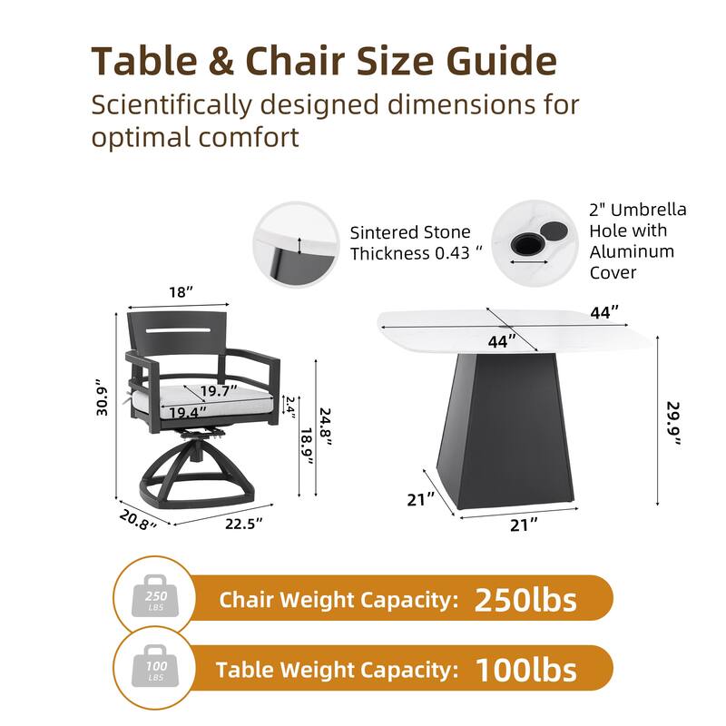 GDFStudio Catalina Modern 5-Piece Outdoor Dining Set with Sintered Stone Table,Swivel Chairs, Sunbrella Cushion