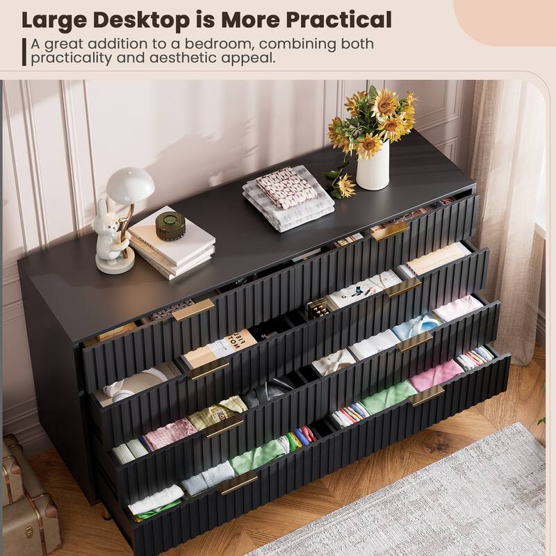Fluted 8 Drawer Storage Dresser, Tall Modern Chest with Ample Deep Drawers and Wide Top
