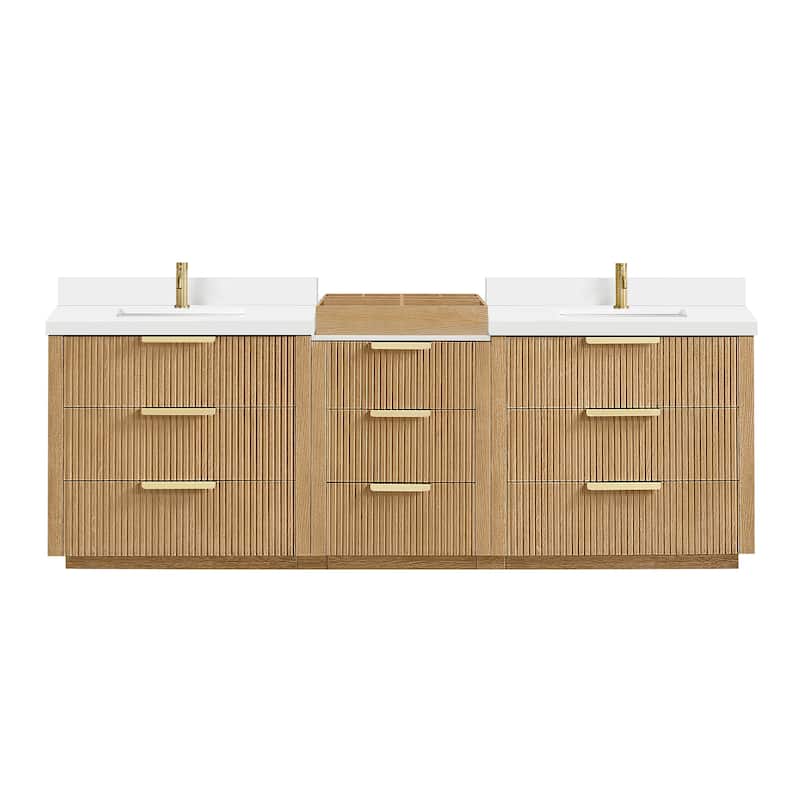 Santarem Double Vanity with Pure White Quartz Stone Top without Mirror - 96" - Washed Ash Grey