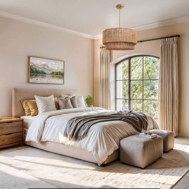 Luminous Rattan Pendant Light - Natural Drum Handwoven Light Fixture For Modern, Transitional, Farmhouse, Boho Room Décor.