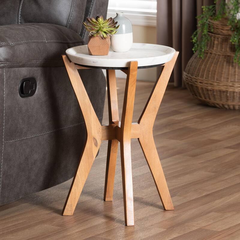 Phaedra Round Marble End Table - Modern Accent Table with Mango Wood Frame and Tray Tabletop for Living Room or Seating Area