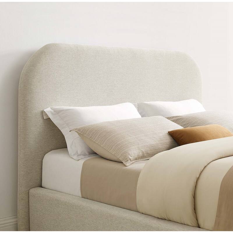 Hillsway Modern Curved Headboard Ivory Fabric Upholstered King Size Platform Bed