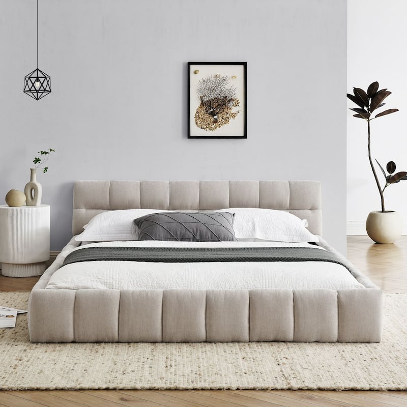 Queen Size Upholstered Bed with Soft Chenille Fabric, Grounded Platform Design, Sturdy MDF Frame, Headboard