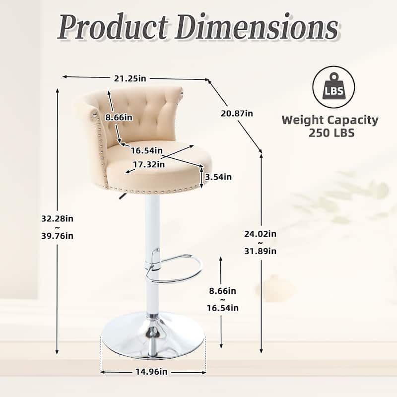 Velvet Upholstered Tufted Nailheads Swivel Adjustable Height Bar Stools with Silver Footrest(set of 2)