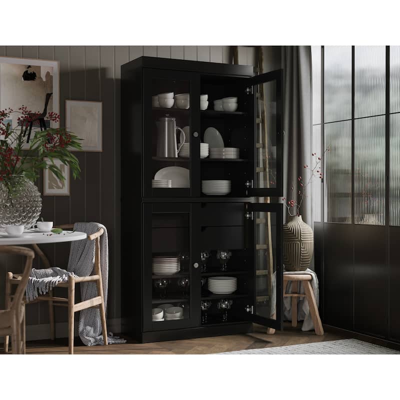 Palace Imports 100% Solid Wood Pantry Cabinet with Frosted, Clear Glass or Solid Doors, 2-Drawers and Adjustable Shelves