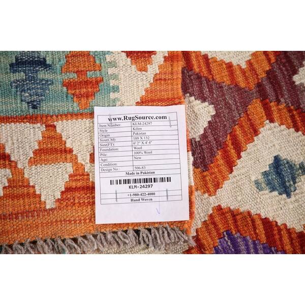Geometric Orange Kilim Rug HandWoven Oriental Wool Carpet 4'4" x 6'2
