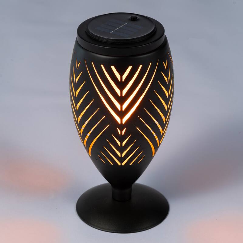 Glitzhome 8.75"H Set of 2 Black Metal Cutout Geometric Pattern Solar Powered Outdoor Lantern with LED Light