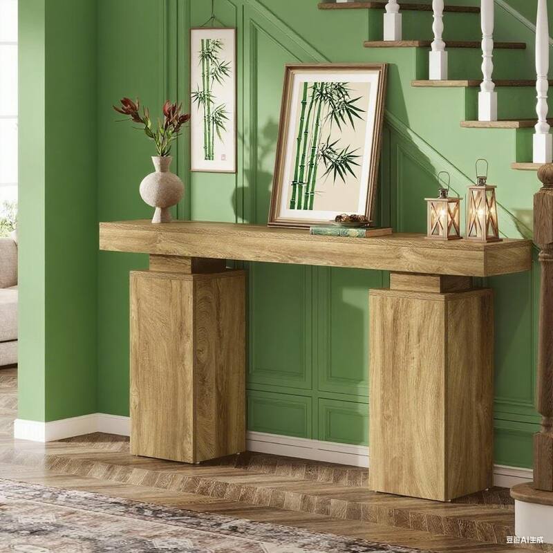 Brown MDF Farmhouse Console Table with Rustic Wood-Grain Finish - 63” L x 11.81 W x 33.46 H