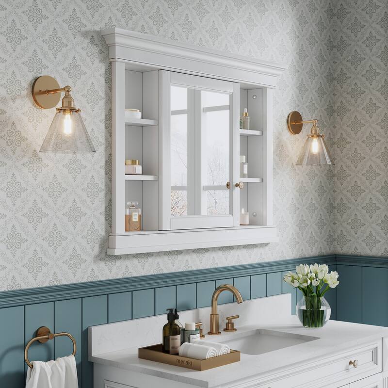 42"W X32''H Recessed Wall-Mounted Solid Wood Framed Medicine Cabinet With Adjustable Glass Shelves