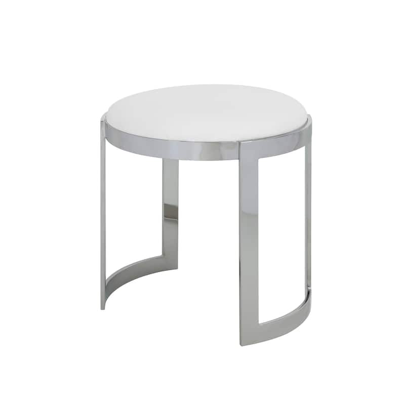 Niyo 19 Inch Accent Stool Ottoman, Round Seat, White Faux Leather, Silver