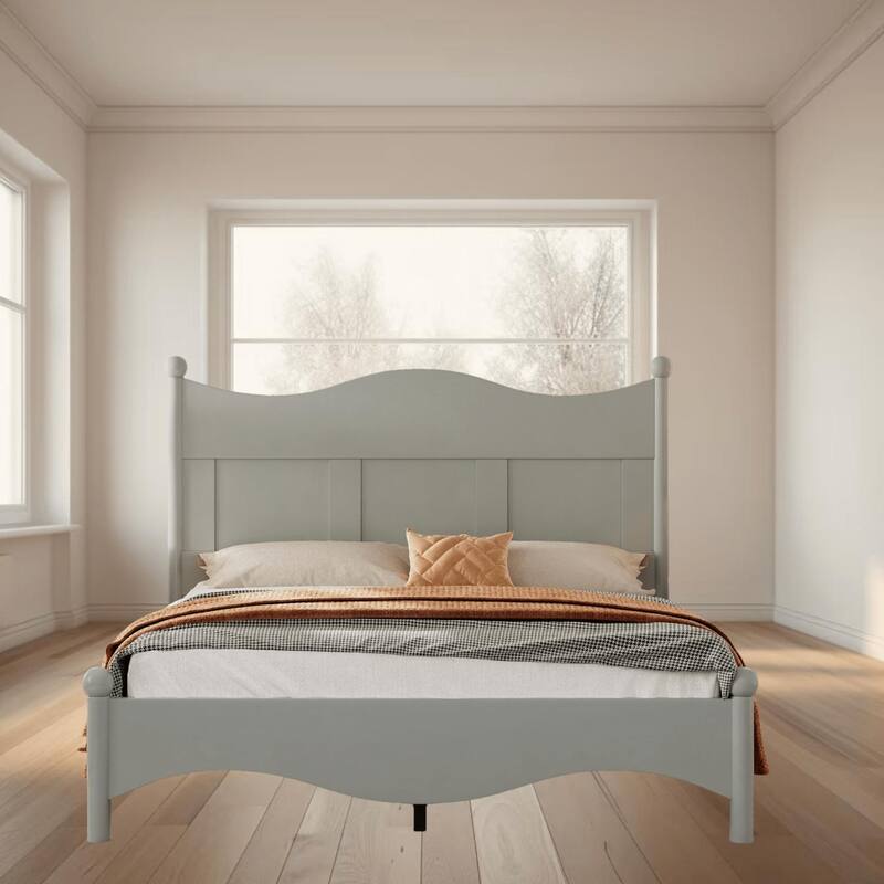 Queen Size Elegant Wood Platform Bed Frame, Retro Style, No Box Spring Needed, Sturdy Wooden Slat Support, Bedroom Furniture - Grey - Queen