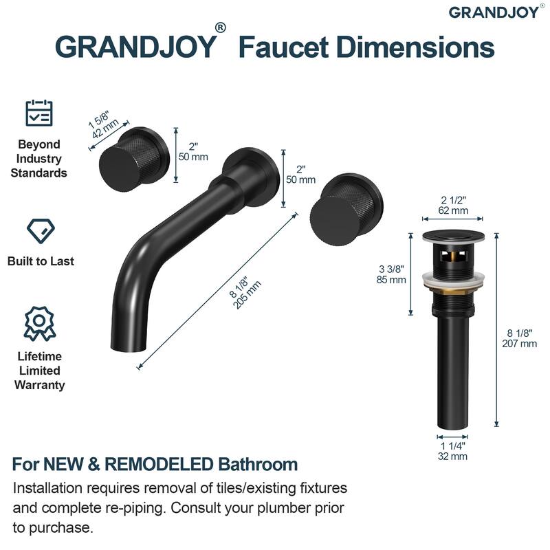 GRANDJOY 2-Handle Wall Mounted Bathroom Faucet