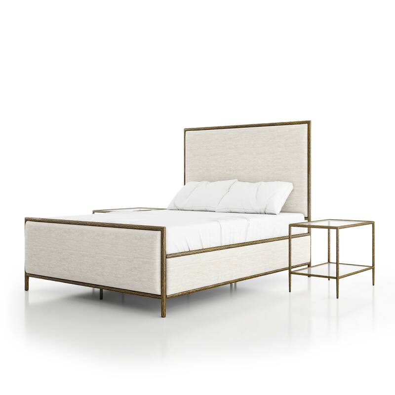 247 Shop At Home Lalia Modern 3-Piece Upholstered Hammered Metal Panel Bedroom Set with 2 Nightstands