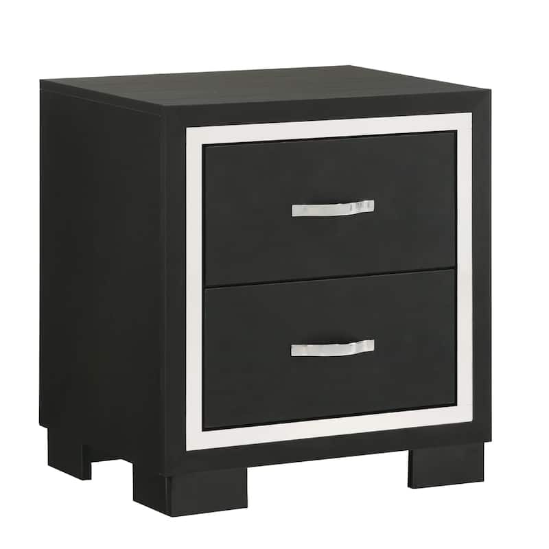 Geny Nightstand, 2 Drawers, Silver Trim and Metal Handles, Black Wood