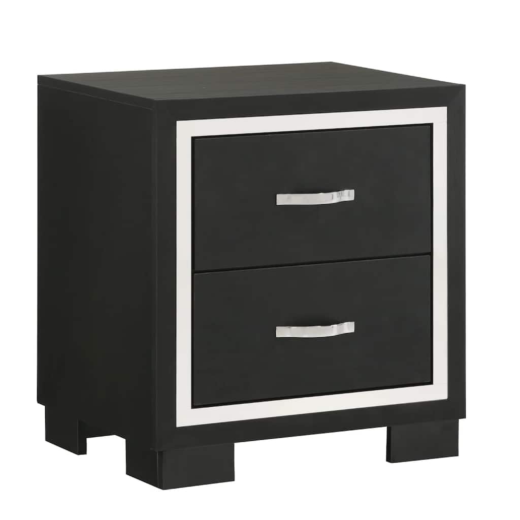 Geny Nightstand, 2 Drawers, Silver Trim and Metal Handles, Black Wood