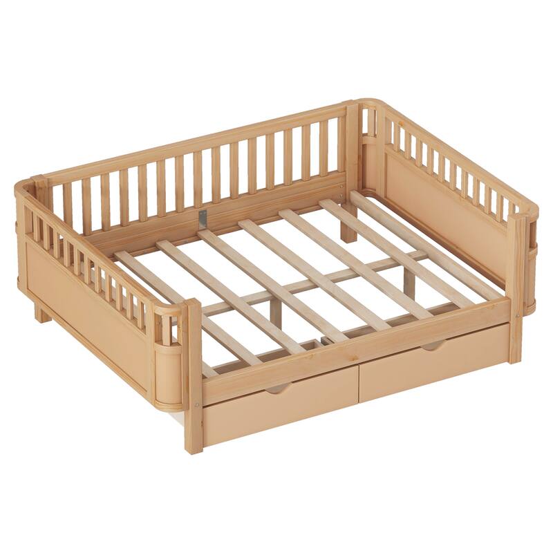 Wooden Kids Bed with 2 Storage Drawers, Guardrails and Removable Side Rail, Rounded Corners Frame Montessori Bed, Toddler Bed