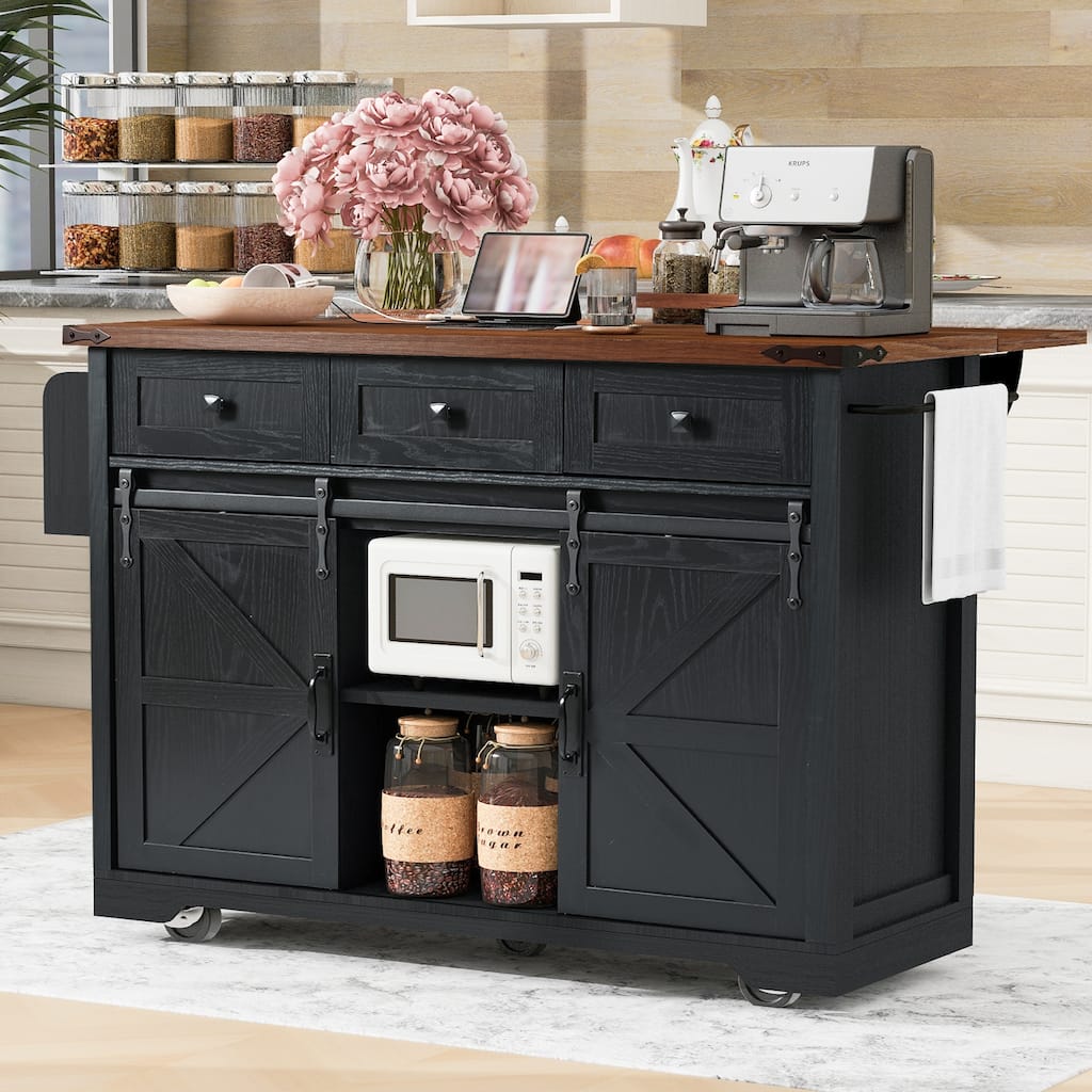 53.7" Farmhouse Kitchen Island with Power Outlet, 2 Sliding Barn Door Kitchen Storage Island with Drop Leaf