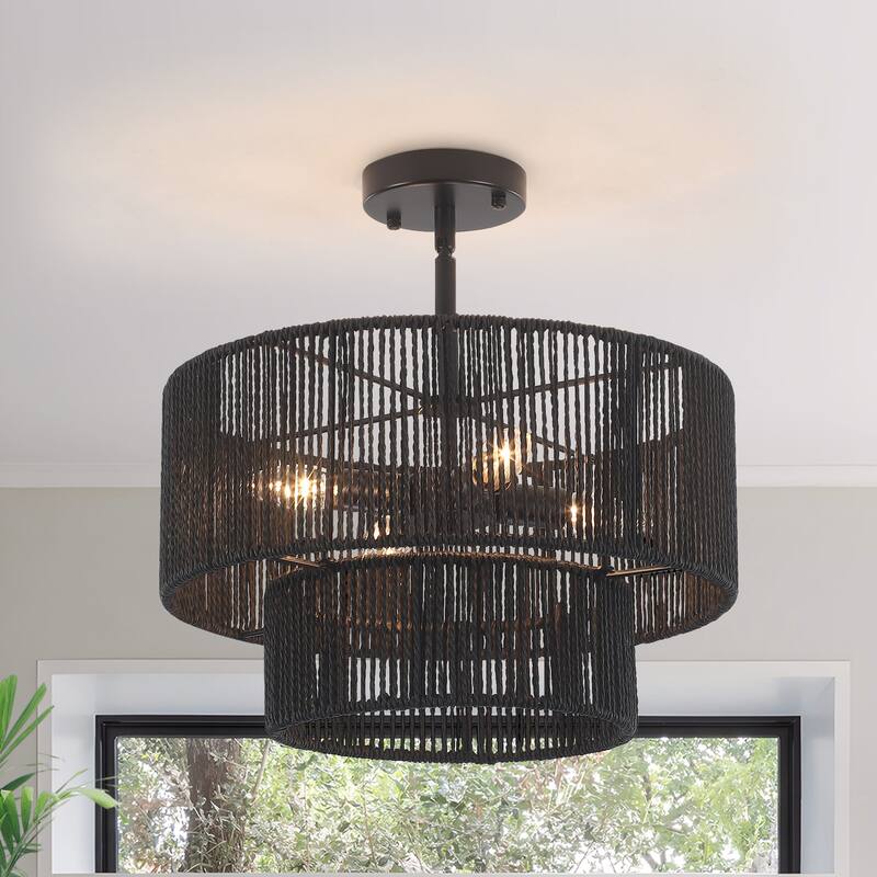 Starsky 4-Light 2-Tier Rattan Semi Flush Mount Ceiling Light