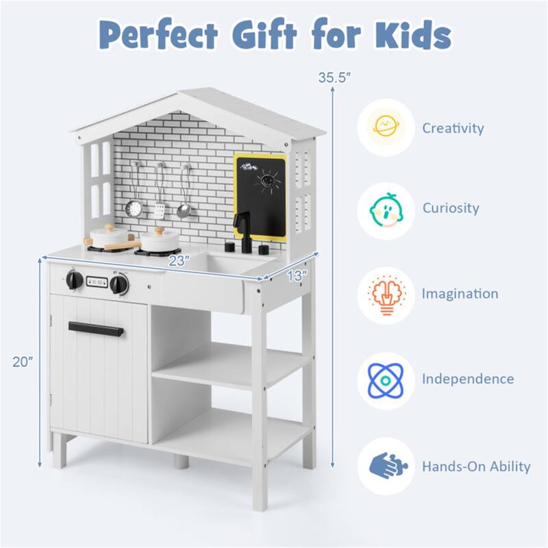 Kids Farmhouse Play Kitchen Set with Sink Chalkboard Utensils and Storage White Wooden Pretend Cooking Toy for Ages 3 and Up