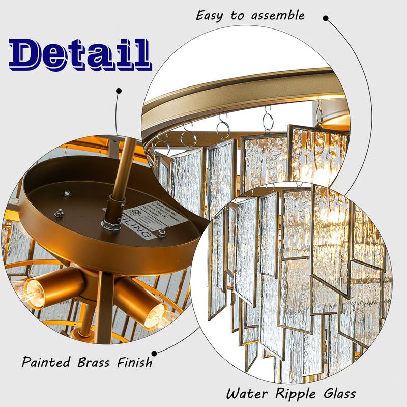 6/9-Light Luxury Water Ripple Glass Chandelier Pendant Light Modern Brass Frame Lighting Fixture for Dining Room Living Room