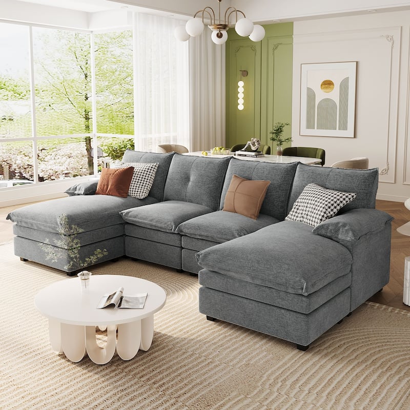 U-Shaped Chenille Sectional - Adjustable Armrest Pillows, Spacious Design for Living Rooms & Offices - Grey