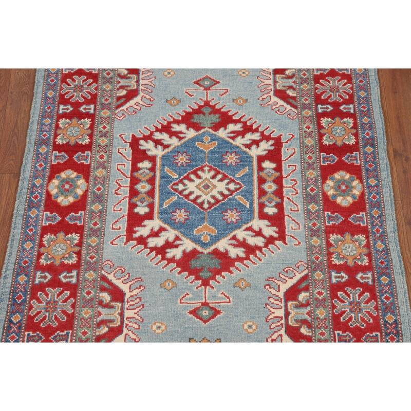 Light Blue Geometric Kazak Rug Hand-Knotted Wool Carpet - 3'1" x 5'3"