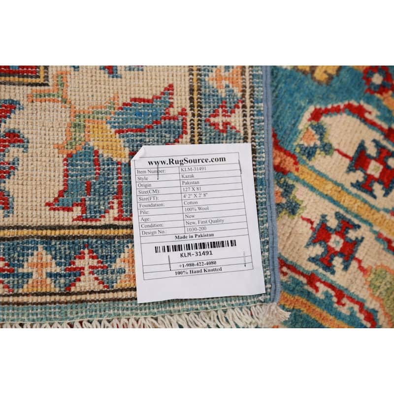 Blue Kazak Foyer Rug Hand-Knotted Wool Carpet - 2'8"x 4'2"