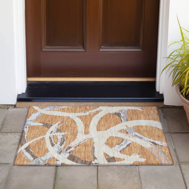 Machine Washable Indoor/ Outdoor Abstract Contemporary Chantille Rug - Copper - 1'8" x 2'6"