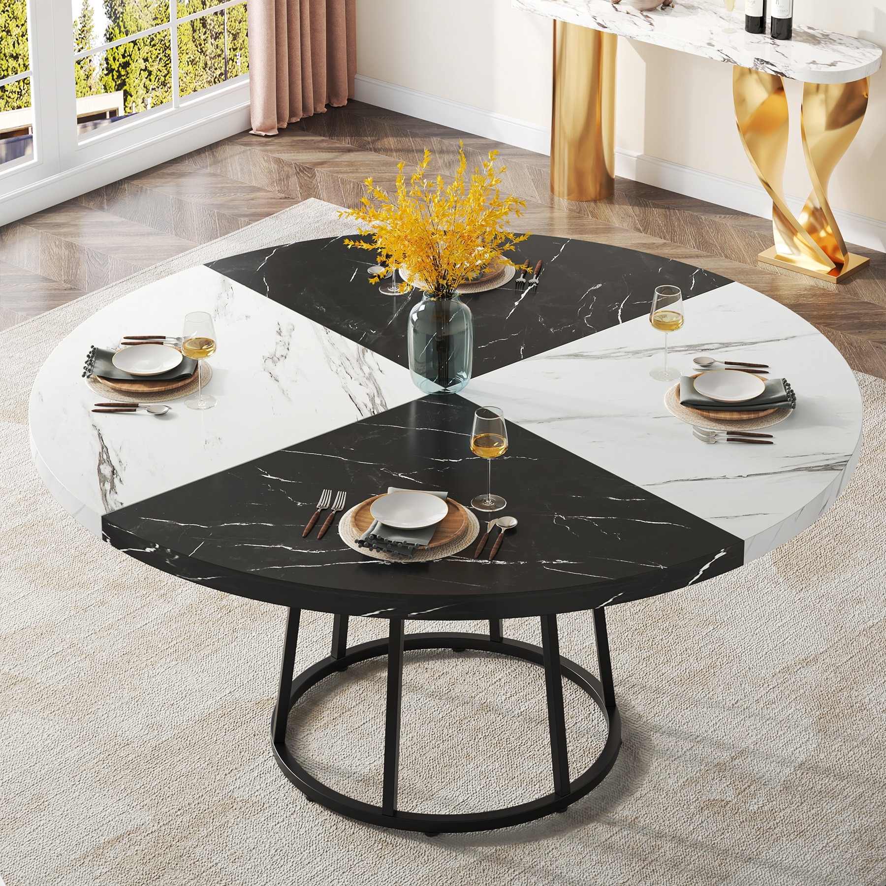 Round Dining Table for 4 People 47 Kitchen Table with Circle Metal Base Black White