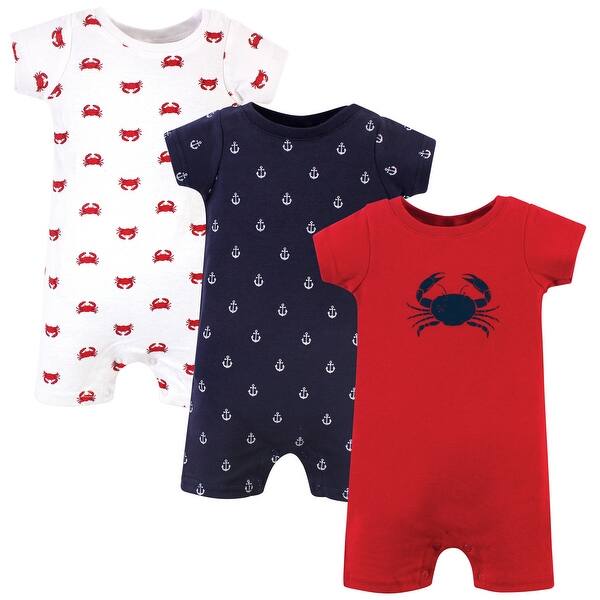 slide 1 of 1, Hudson Baby Infant Boy Cotton Rompers 3pk, Crab 0 - 3 Months - Blue